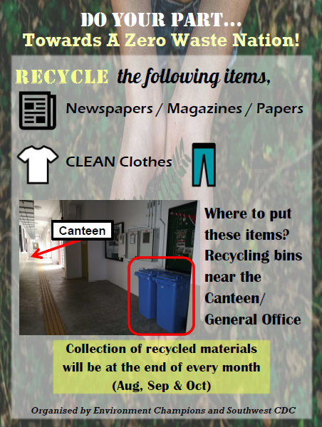 Poster promoting recycling of newspapers, clothes, and papers, with blue bins near a canteen for collection.